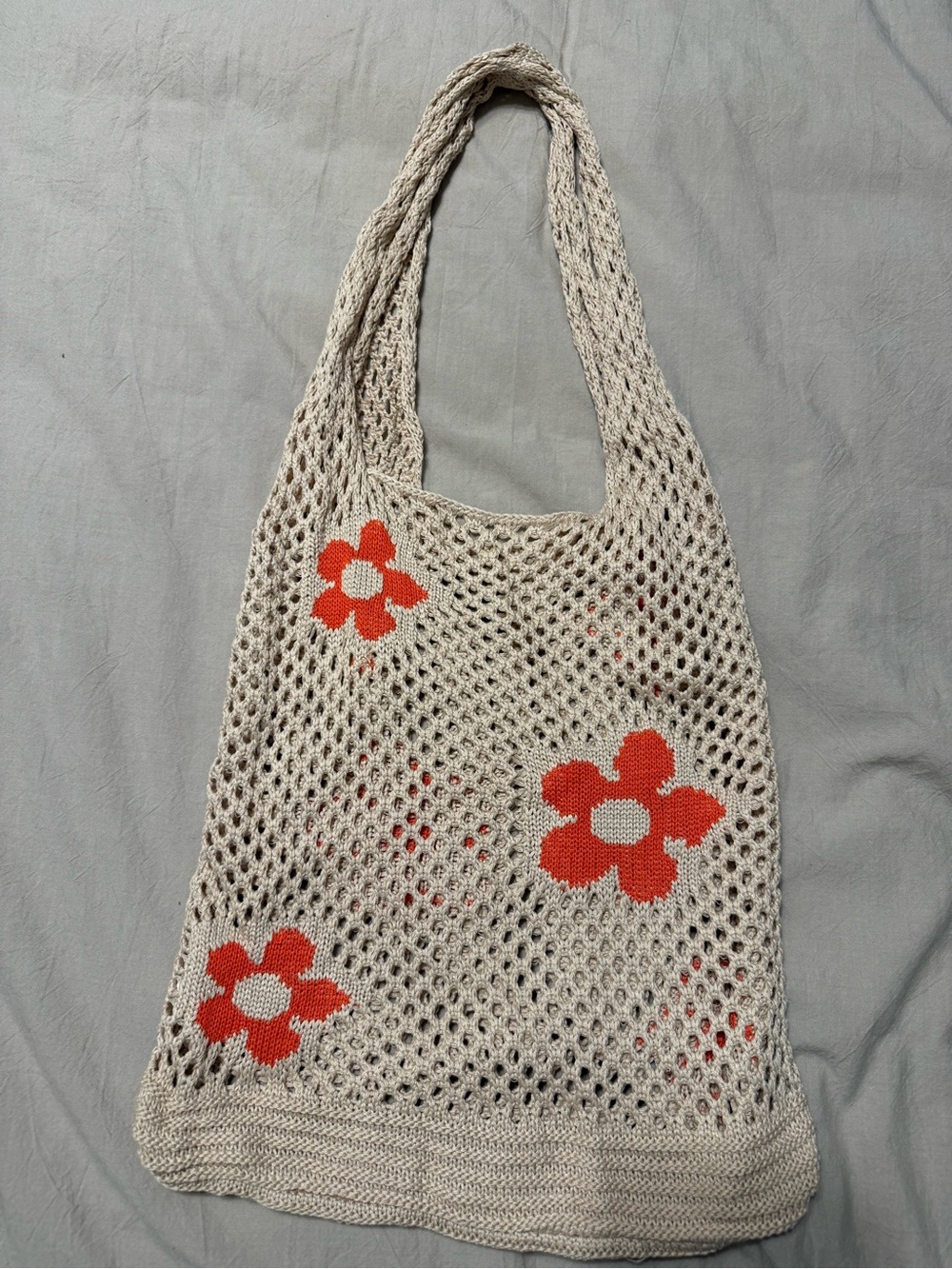 Hand-Knit Cream Mesh Small Tote with Orange Floral Accents